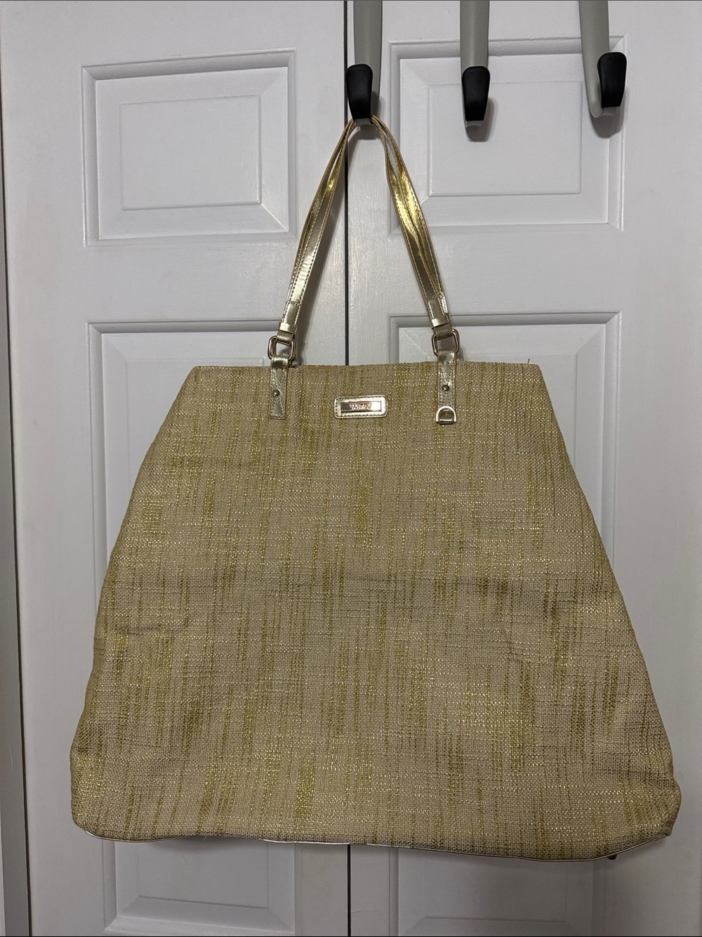 Authentic Versace Parfums Metallic Gold Woven Weekender Tote Bag
